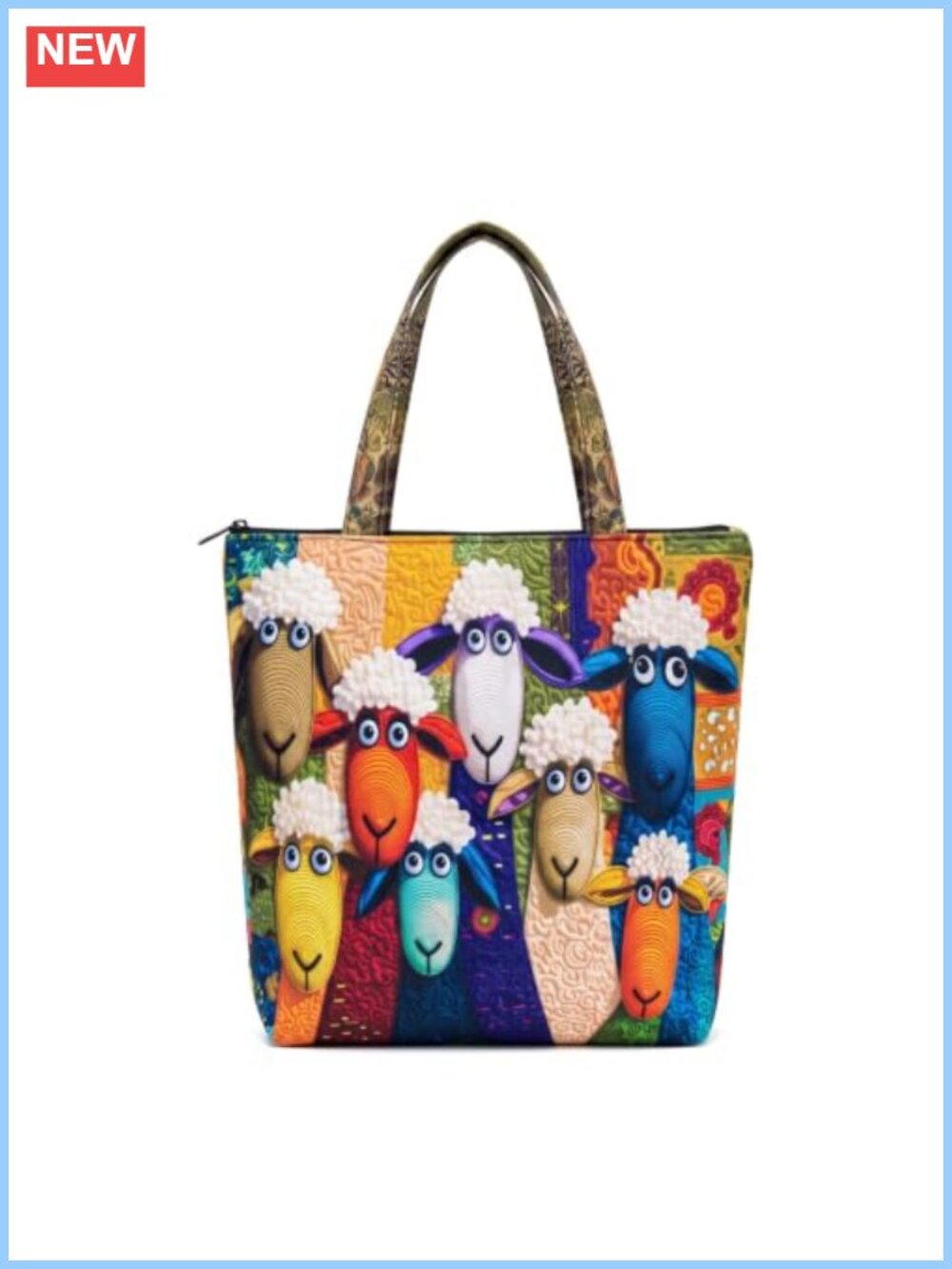 Quilted Tote Bag Sheep Cartoon Animal Print Zip Closure Women Handbag